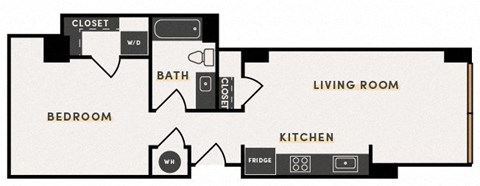 Floor plan for 1 bed, 1 bath, 601 sqft